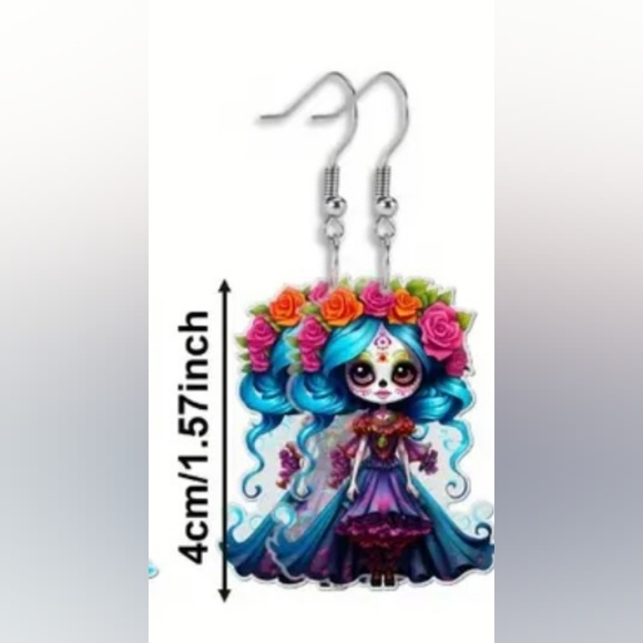2/30$ Or 3/$35 Whimsigoth Fairycore Colorful Sugar Skull Earrings-(#1,047) - Picture 2 of 3